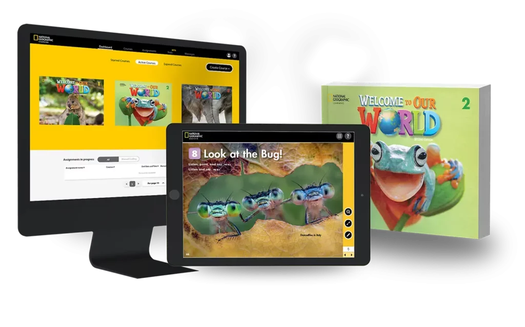Materiais didáticos National Geographic na tela de um computador, em um tabler e em um livro